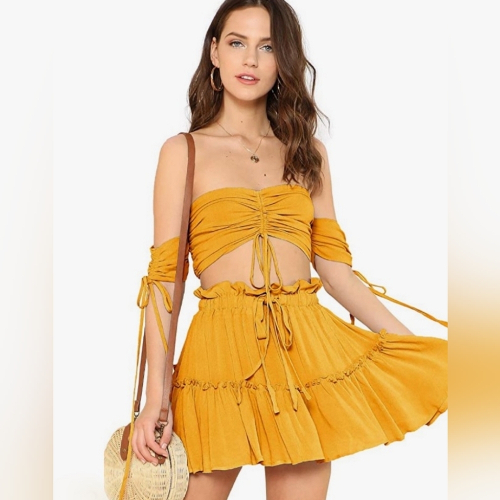 Two Piece Outfit Off Shoulder Drawstring Crop Top and Skirt Set Mustard Medium